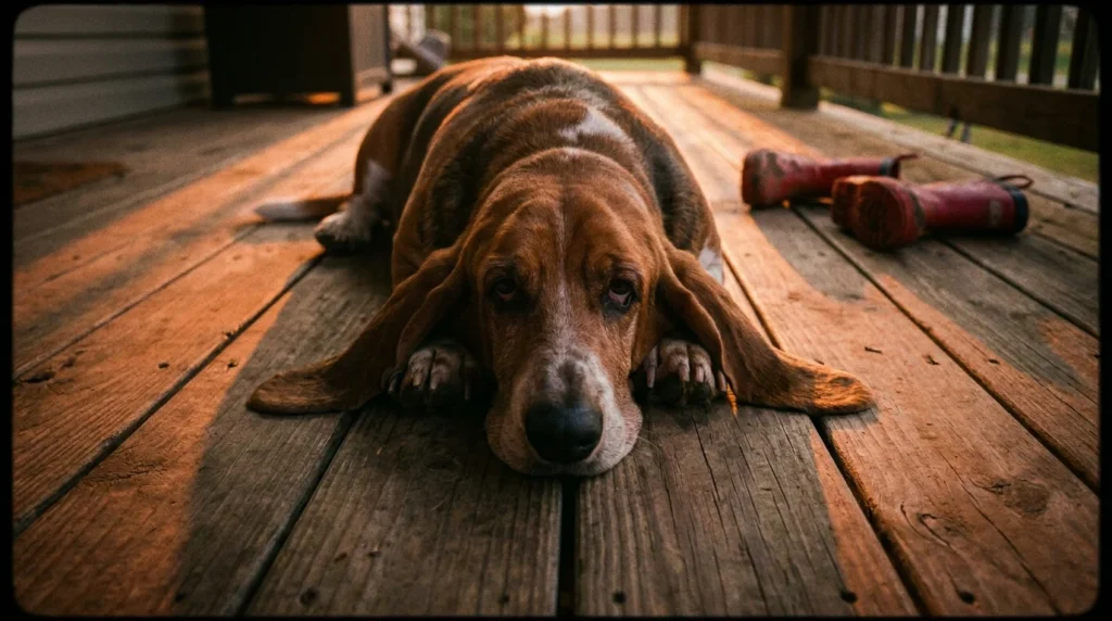 A Basset Hound resting on a wooden porch during golden hour, showing its sturdy and relaxed nature.
