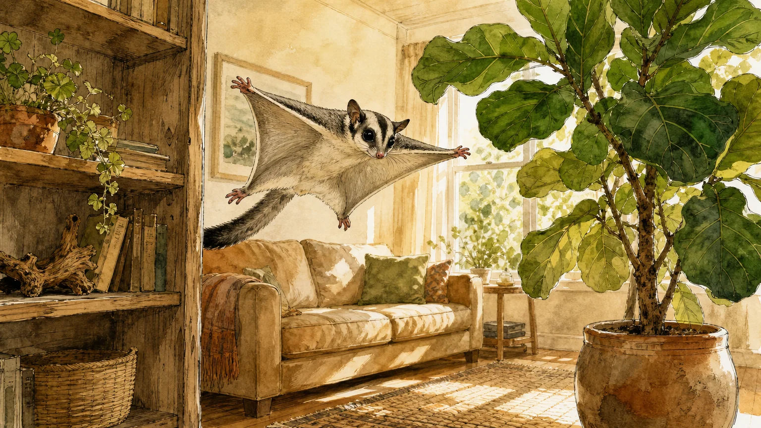 A warm watercolor illustration of a cozy living room where a sugar glider glides between a wooden bookshelf and an indoor tree.