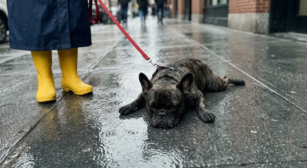 A stubborn French Bulldog lying completely flat and limp on a wet city sidewalk.