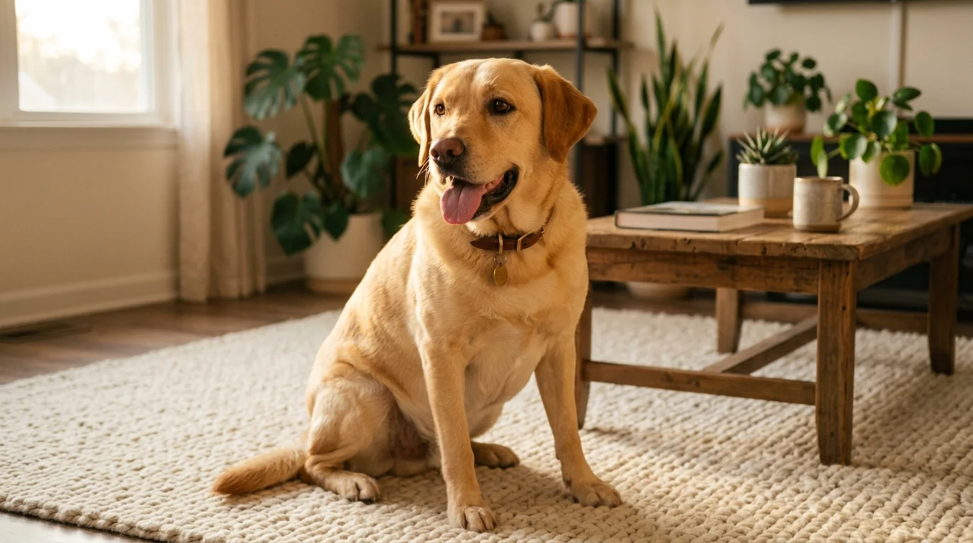 A yellow dog sits on a rug in a sunlit living room with a relaxed open mouth, looking happy and content.