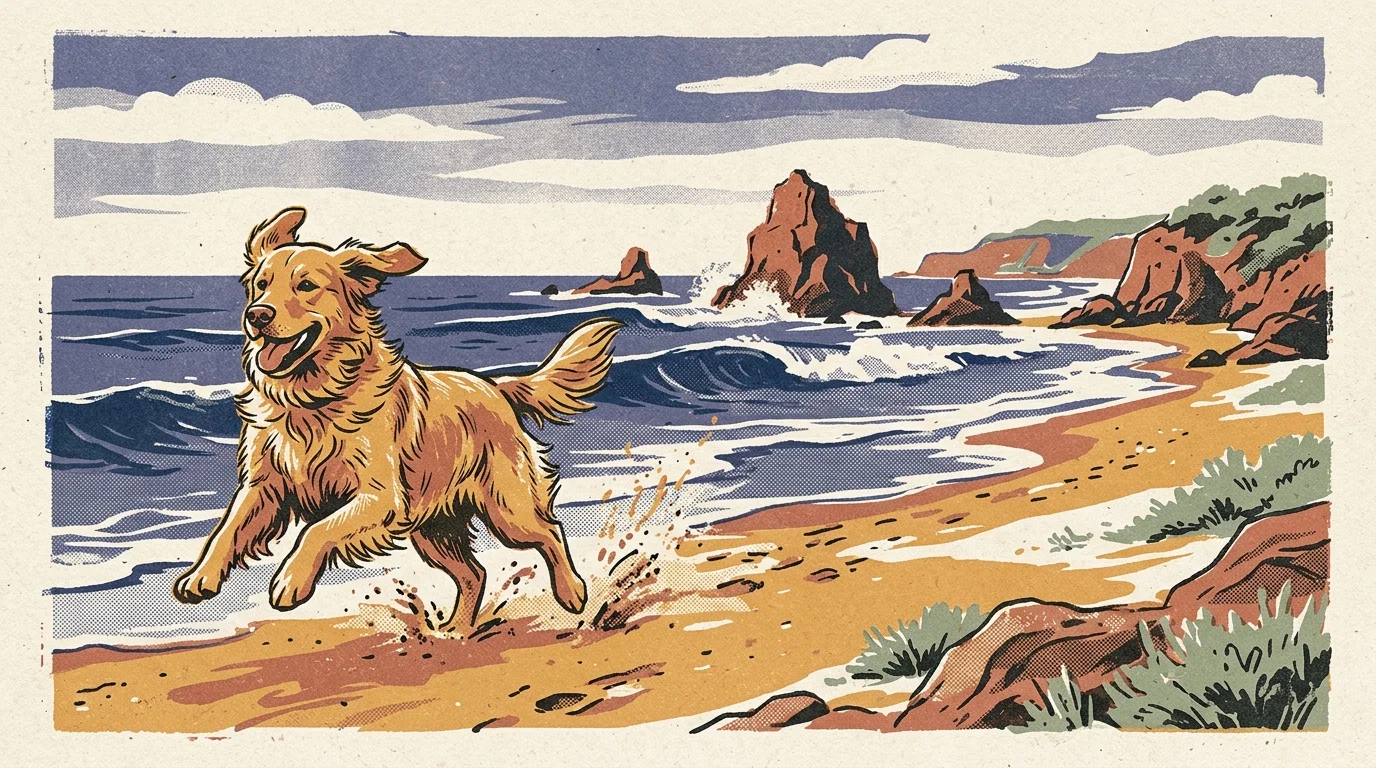 Risograph illustration of a golden retriever running on a sandy beach with crashing waves and sea stacks in the background.