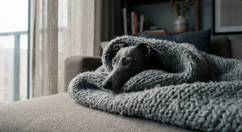 A small grey Italian Greyhound bundled under a thick knit blanket on a couch.