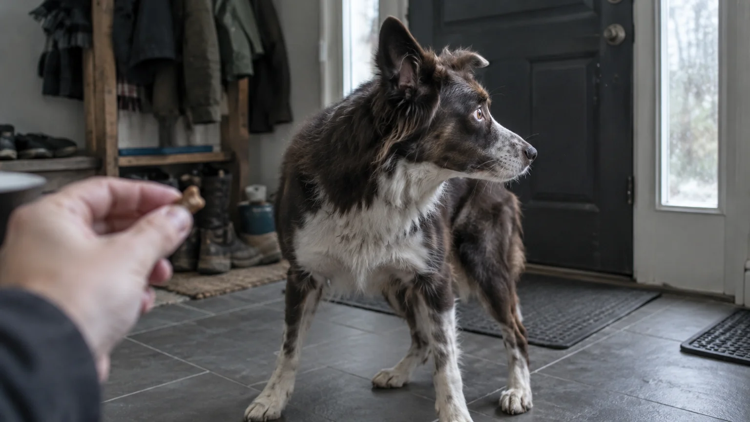 A brown and white dog stands in an entryway, turning its head away from a person offering a treat.