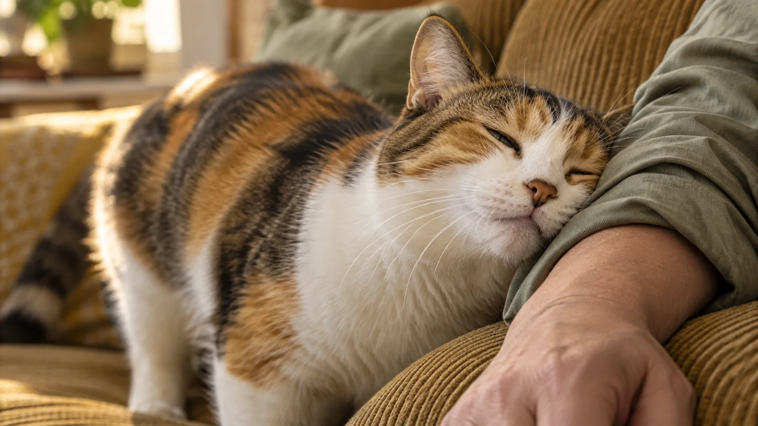 A calico cat rests its cheek affectionately against a person's arm on a corduroy couch.