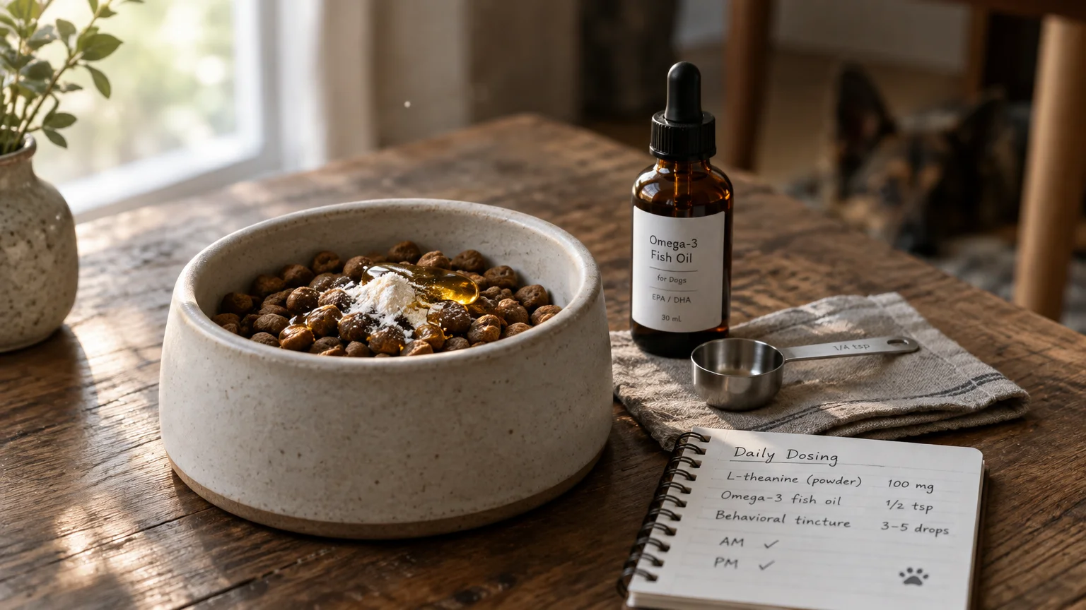 Dog food bowl topped with oil and powder next to an Omega-3 bottle, measuring spoon, and daily dosing notepad.