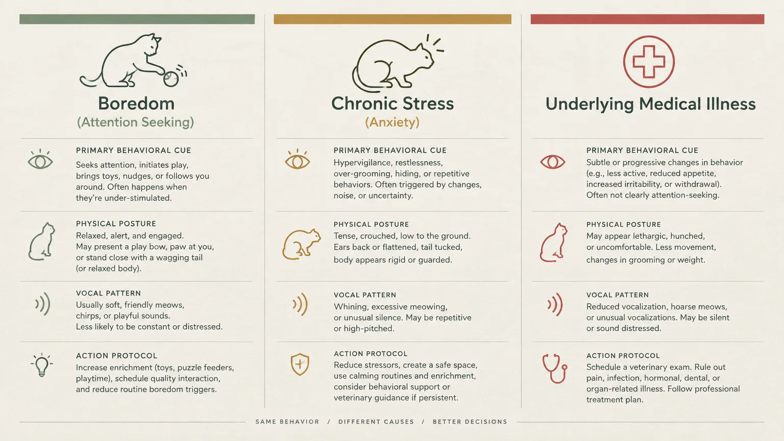 Infographic chart comparing symptoms, postures, and action protocols for cat boredom, chronic stress, and medical illness.