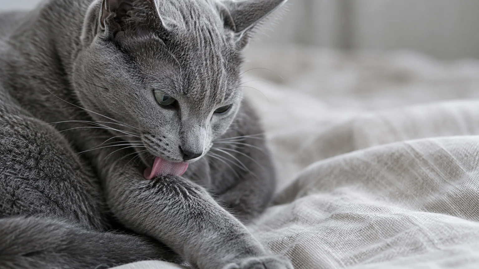 A grey short-haired cat lying on a textured light blanket, licking its front paw with its pink tongue visible.