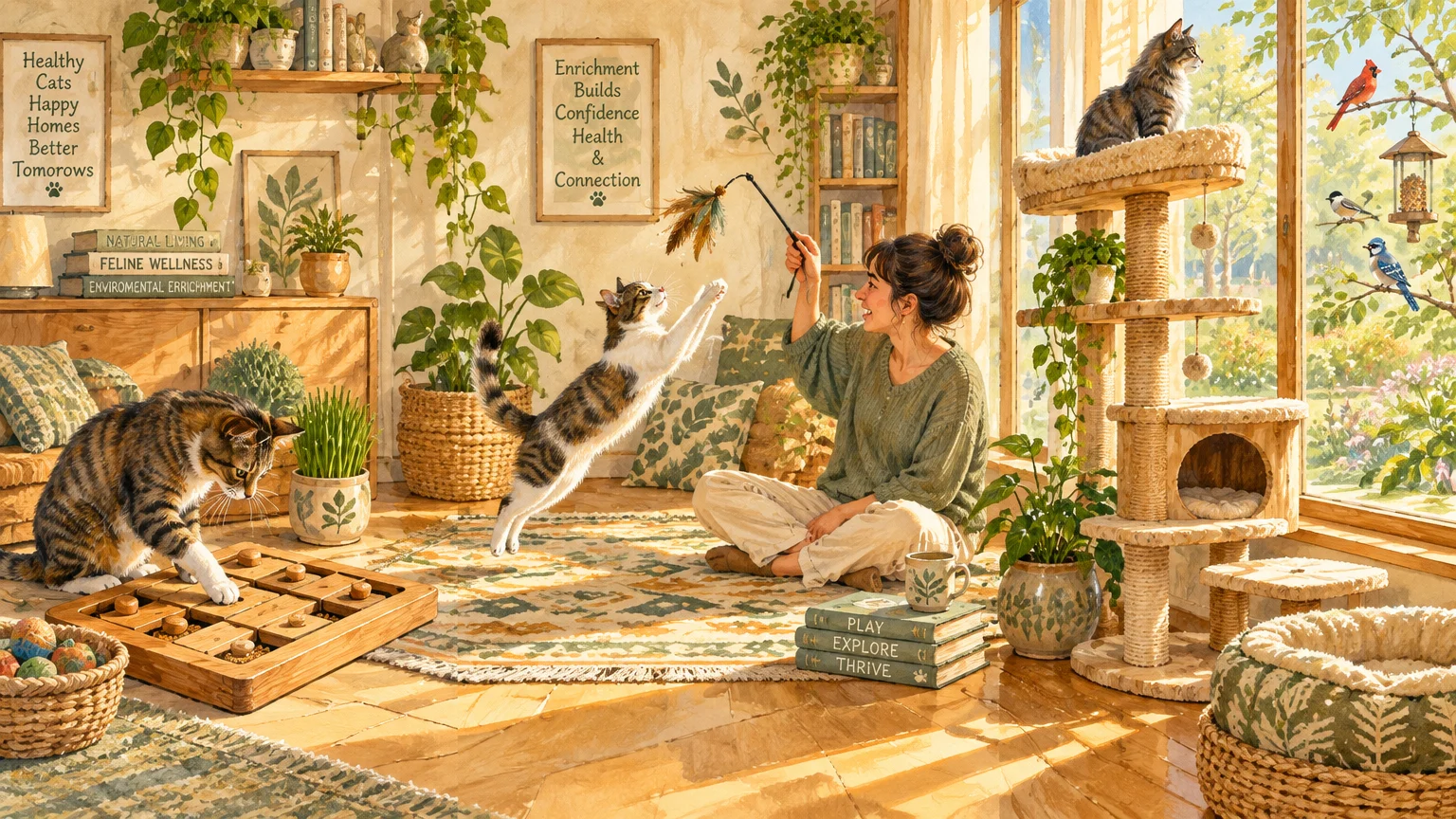 Woman sitting on a rug plays with a leaping cat using a wand toy in a sunny room filled with plants and cat trees.