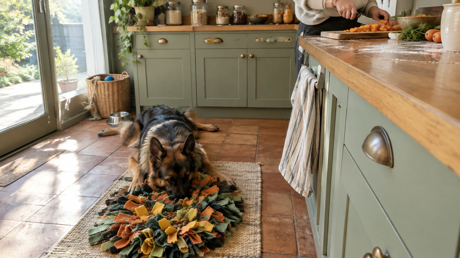 A German shepherd lies on a tiled kitchen floor, foraging with its snout inside a colorful fabric snuffle mat.