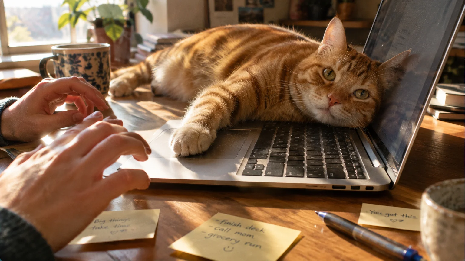 An orange tabby cat lies across a laptop keyboard as hands rest nearby on a sunlit wooden desk.