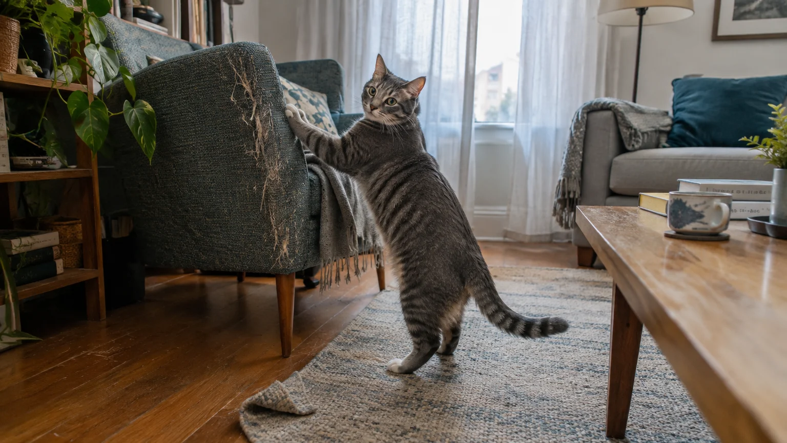 A gray tabby cat stands on its hind legs scratching a frayed blue armchair while looking directly at the camera.