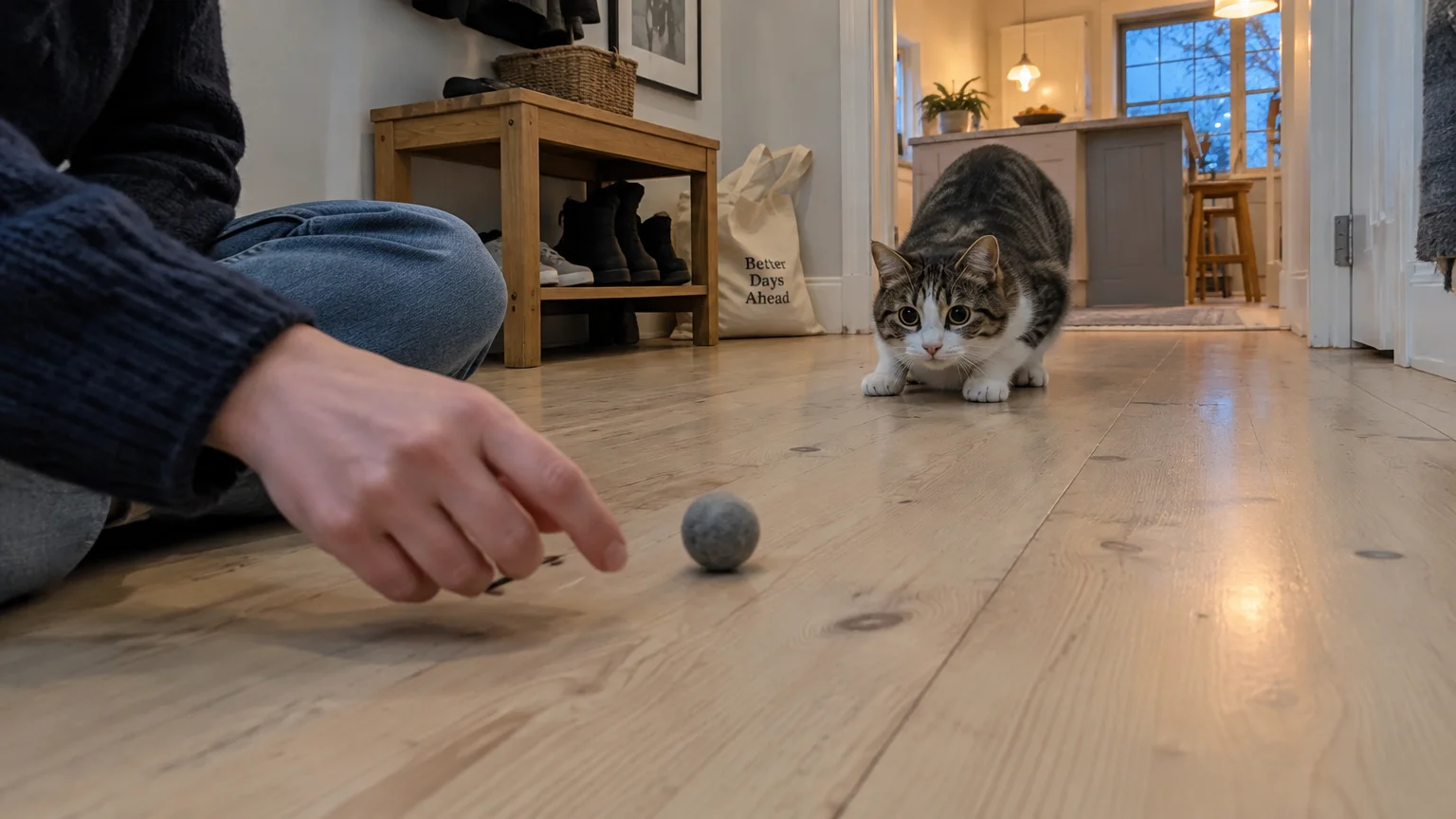 A person rolls a small grey felt ball across a wooden floor toward a crouched tabby cat ready to pounce.