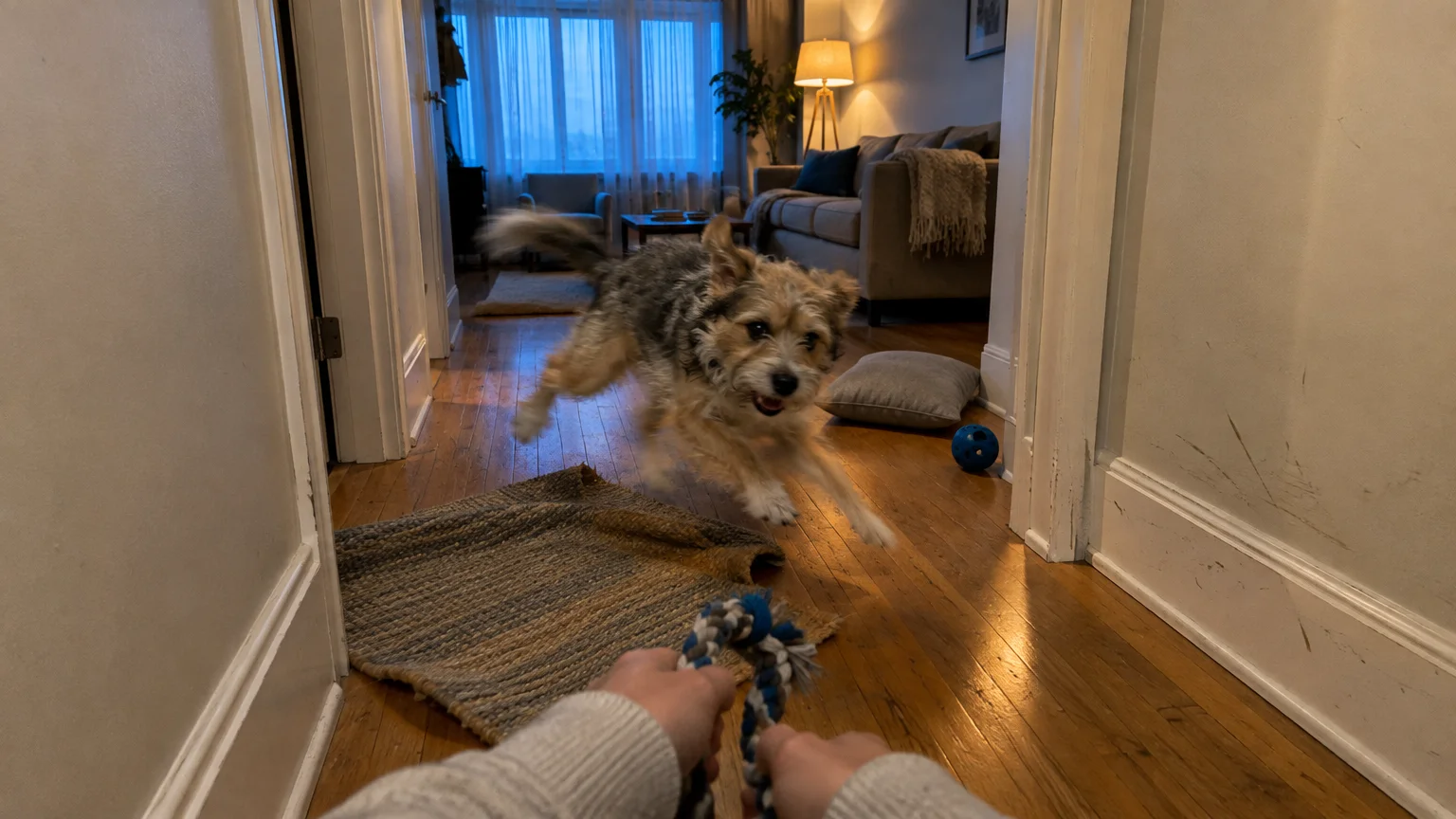 First-person view of a person holding a rope toy as an energetic scruffy dog runs down a wooden hallway.