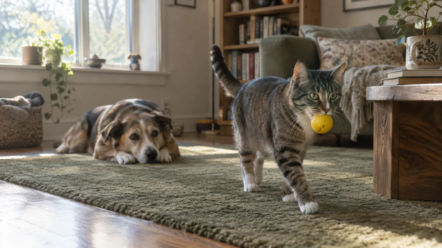 A tabby cat walks on a rug carrying a yellow ball in its mouth, with a dog lying down in the background.
