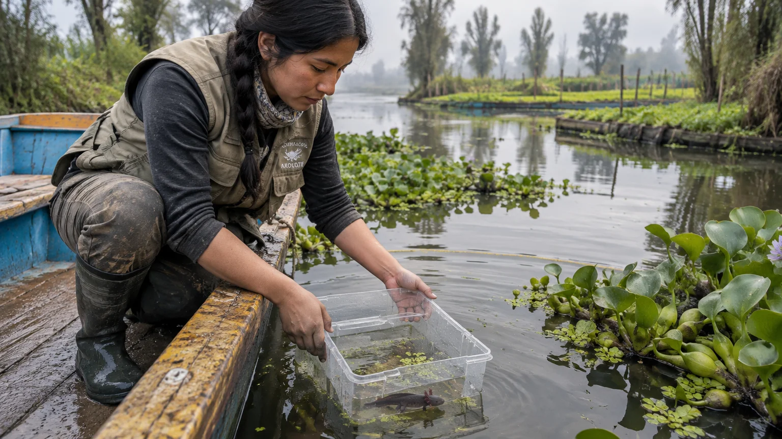 A woman on a wooden boat lowers a clear container holding an axolotl into a calm canal bordered by aquatic plants.