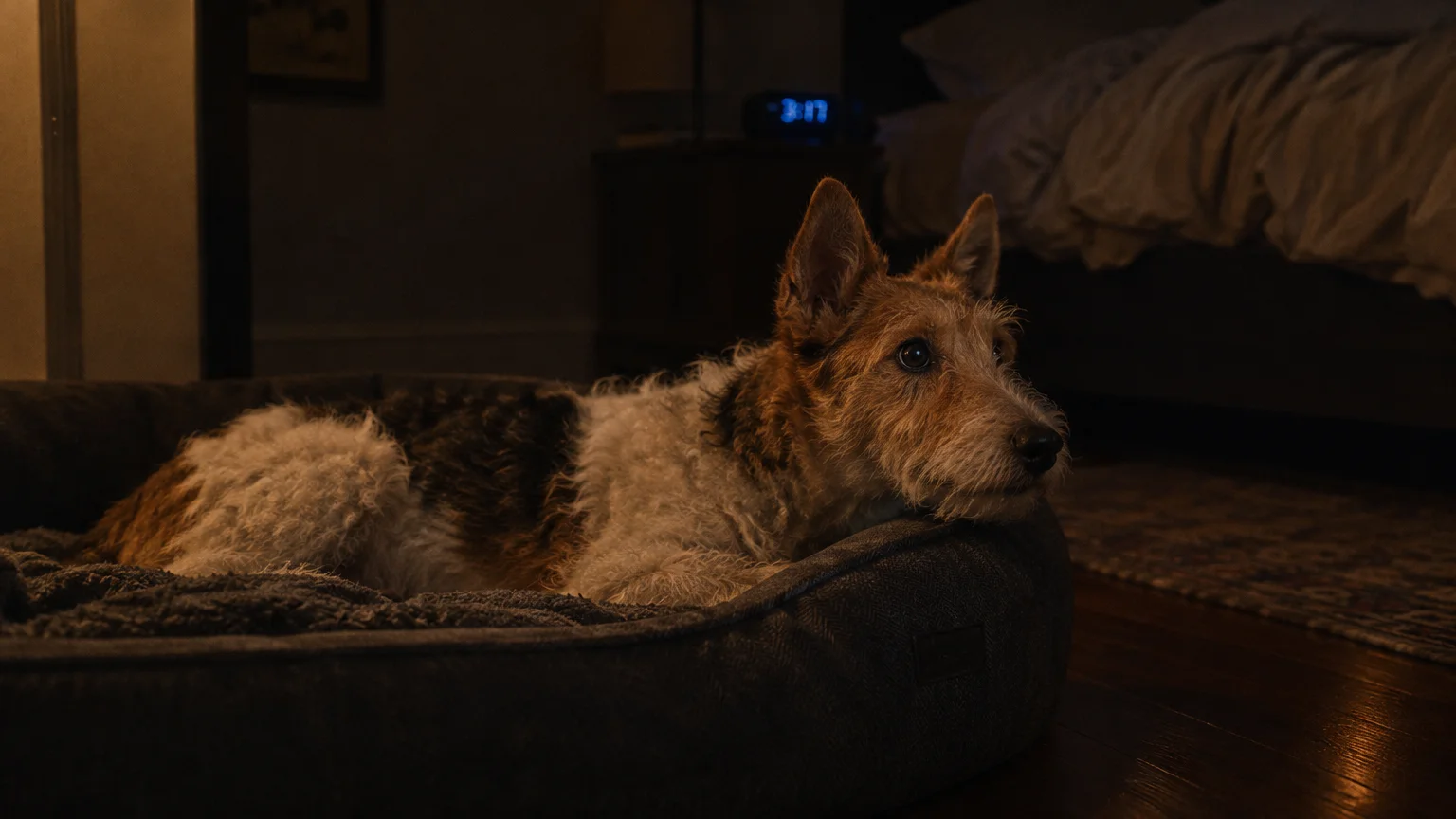 A wire-haired terrier rests alert in a pet bed inside a dimly lit bedroom at night near a bed.