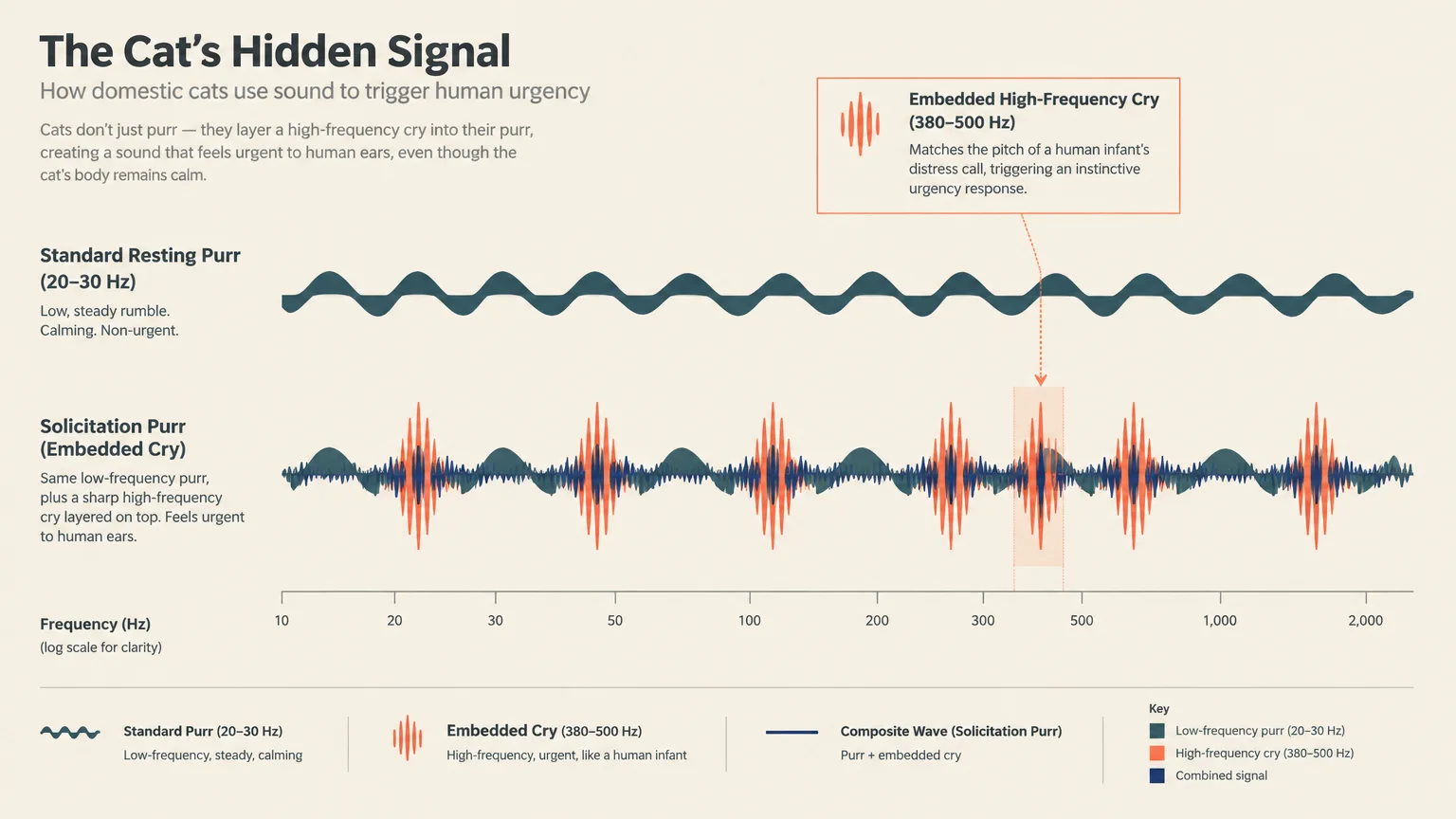 Diagram comparing sound waves of a standard resting purr against a solicitation purr with embedded high-frequency spikes.