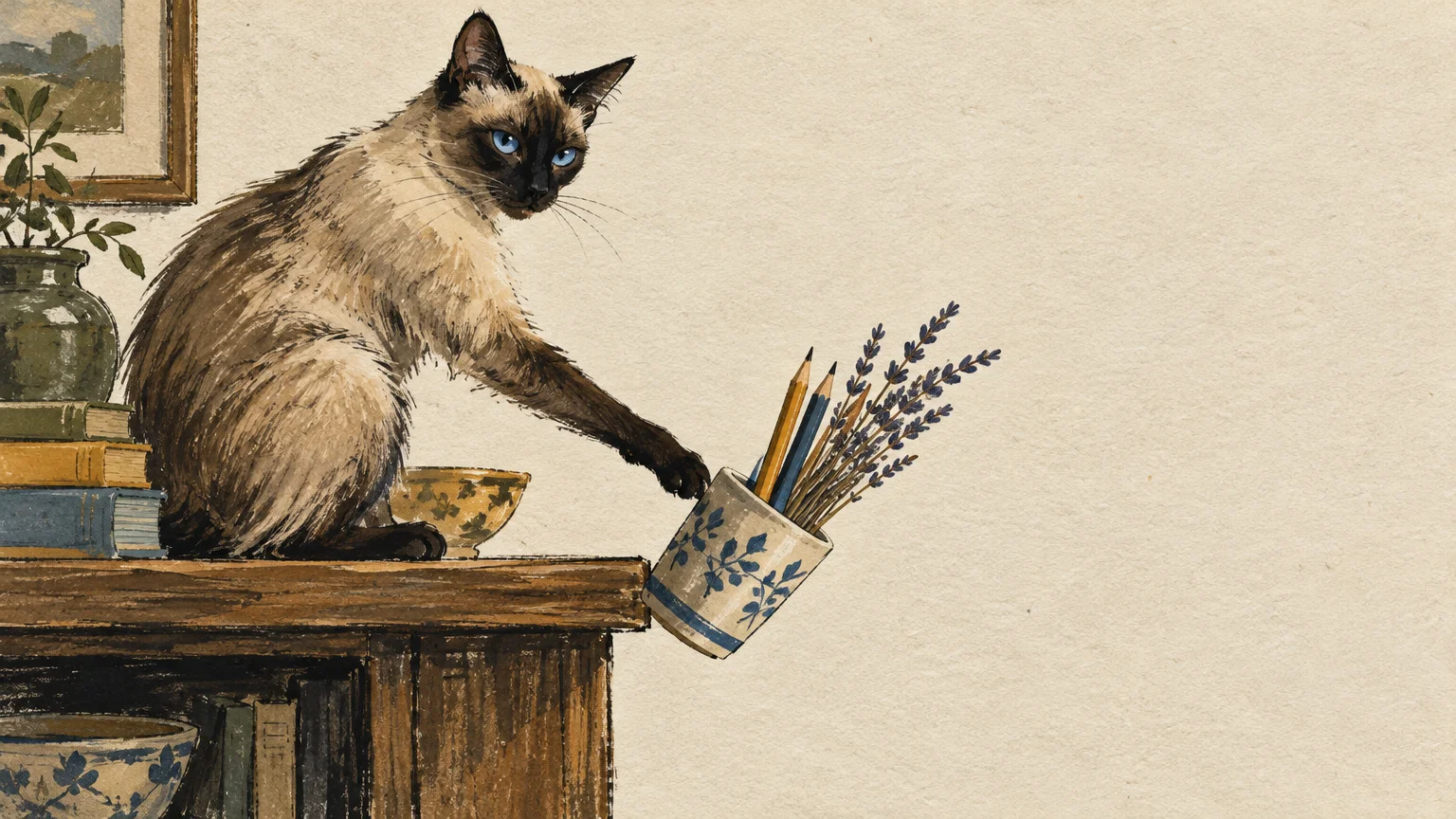Illustration of a Siamese cat pushing a patterned ceramic pencil cup off the edge of a wooden cabinet.