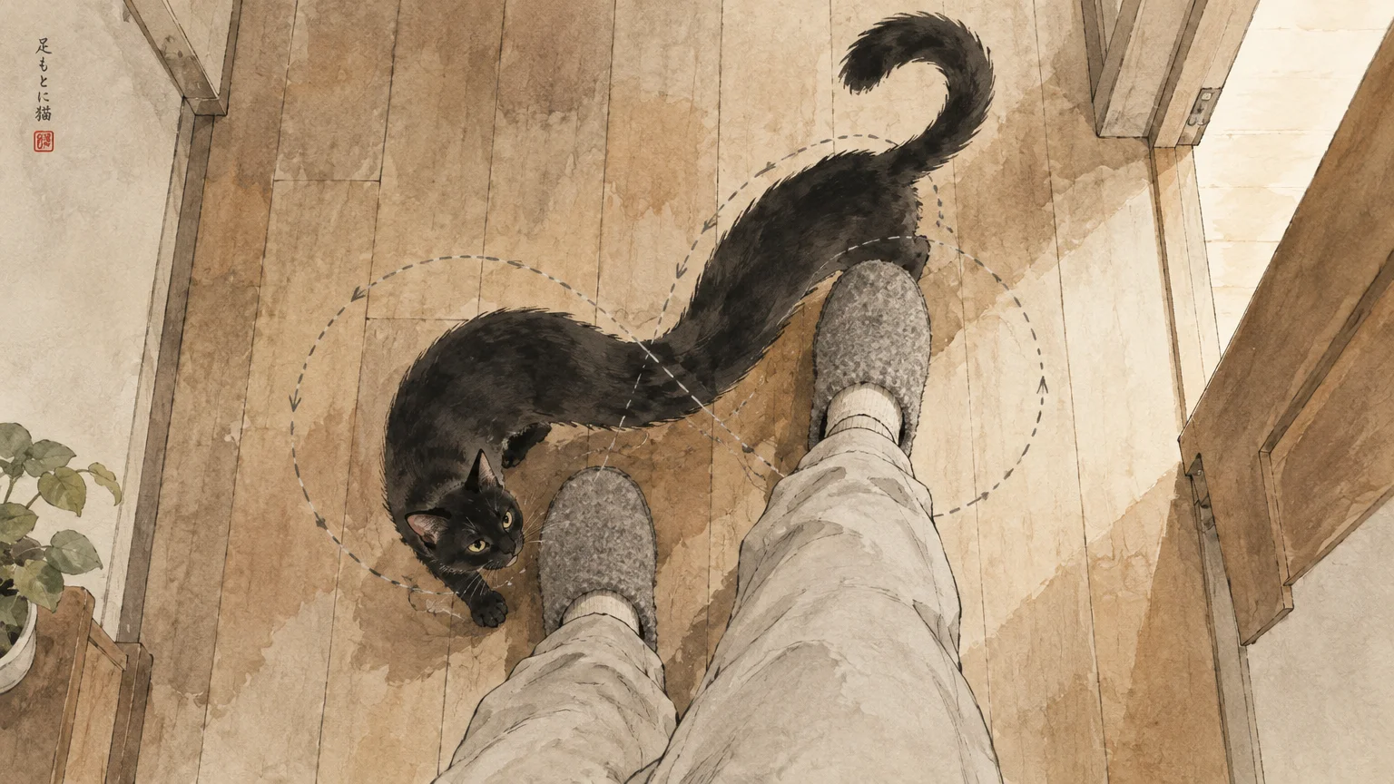 Overhead illustration of a long black cat weaving in a figure eight around a person's feet on wood flooring.