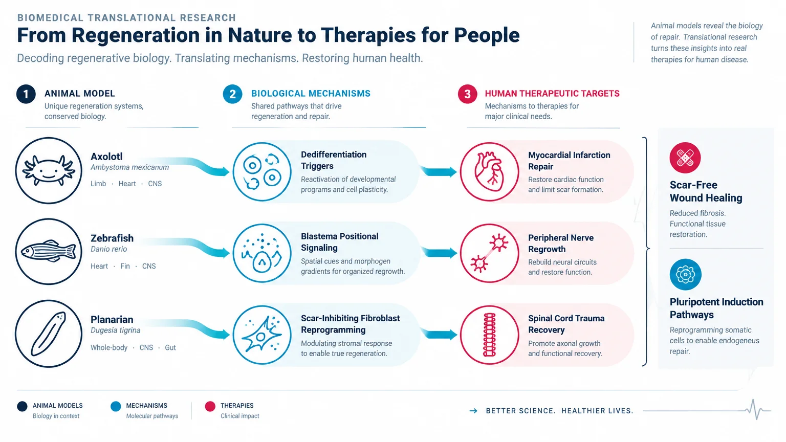 Diagram mapping animal models like axolotls and zebrafish through biological mechanisms to human therapeutic targets.