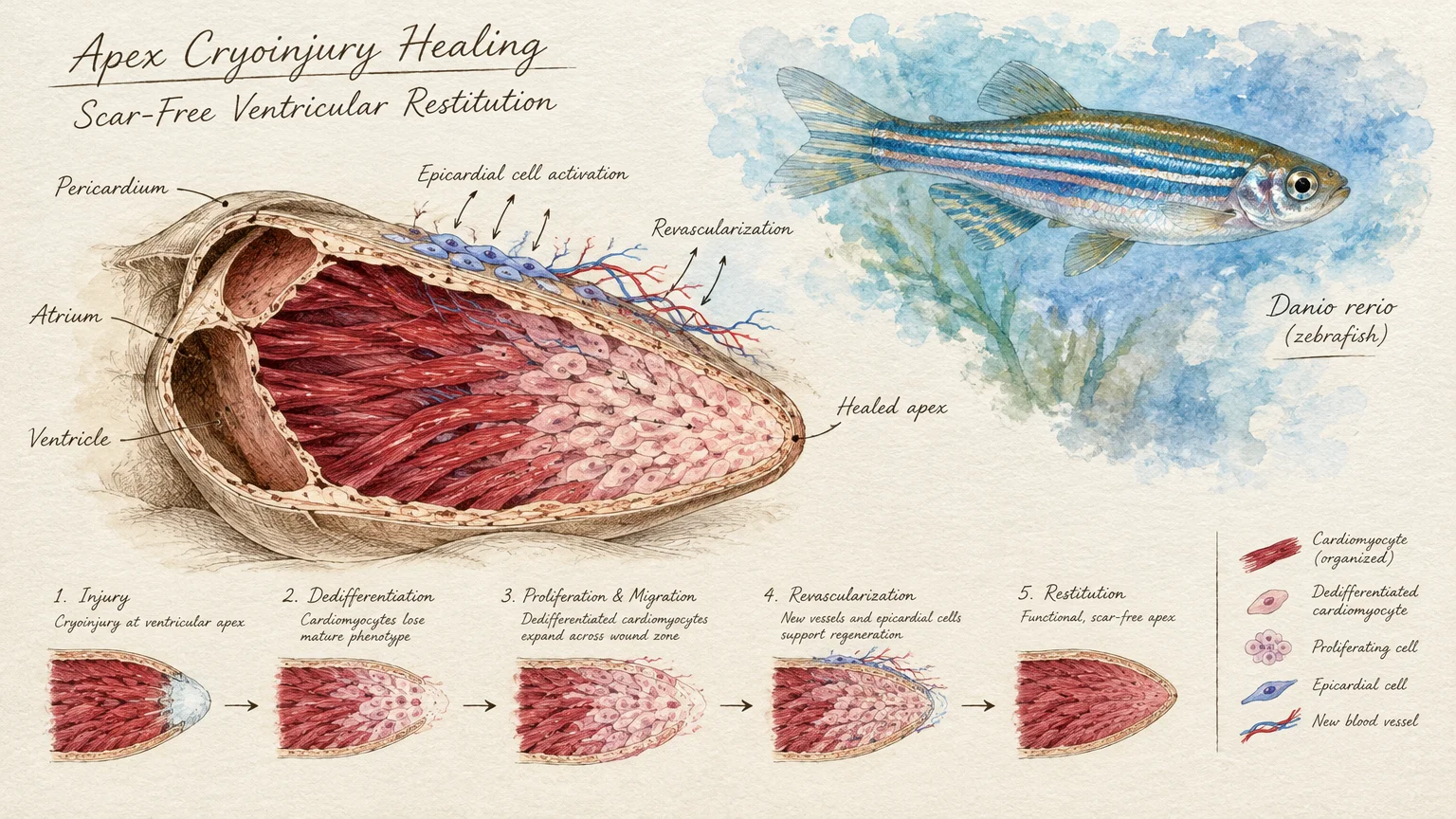 Illustration of zebrafish anatomy, heart cross-section, and a five-stage diagram of cryoinjury ventricular healing.