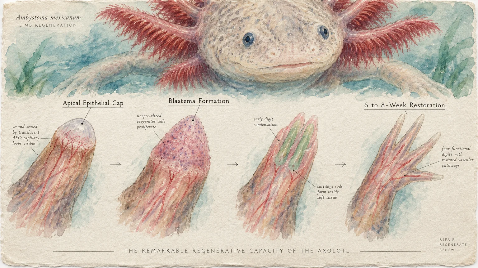 Watercolor diagram illustrating four stages of axolotl limb regeneration below an illustration of an axolotl.