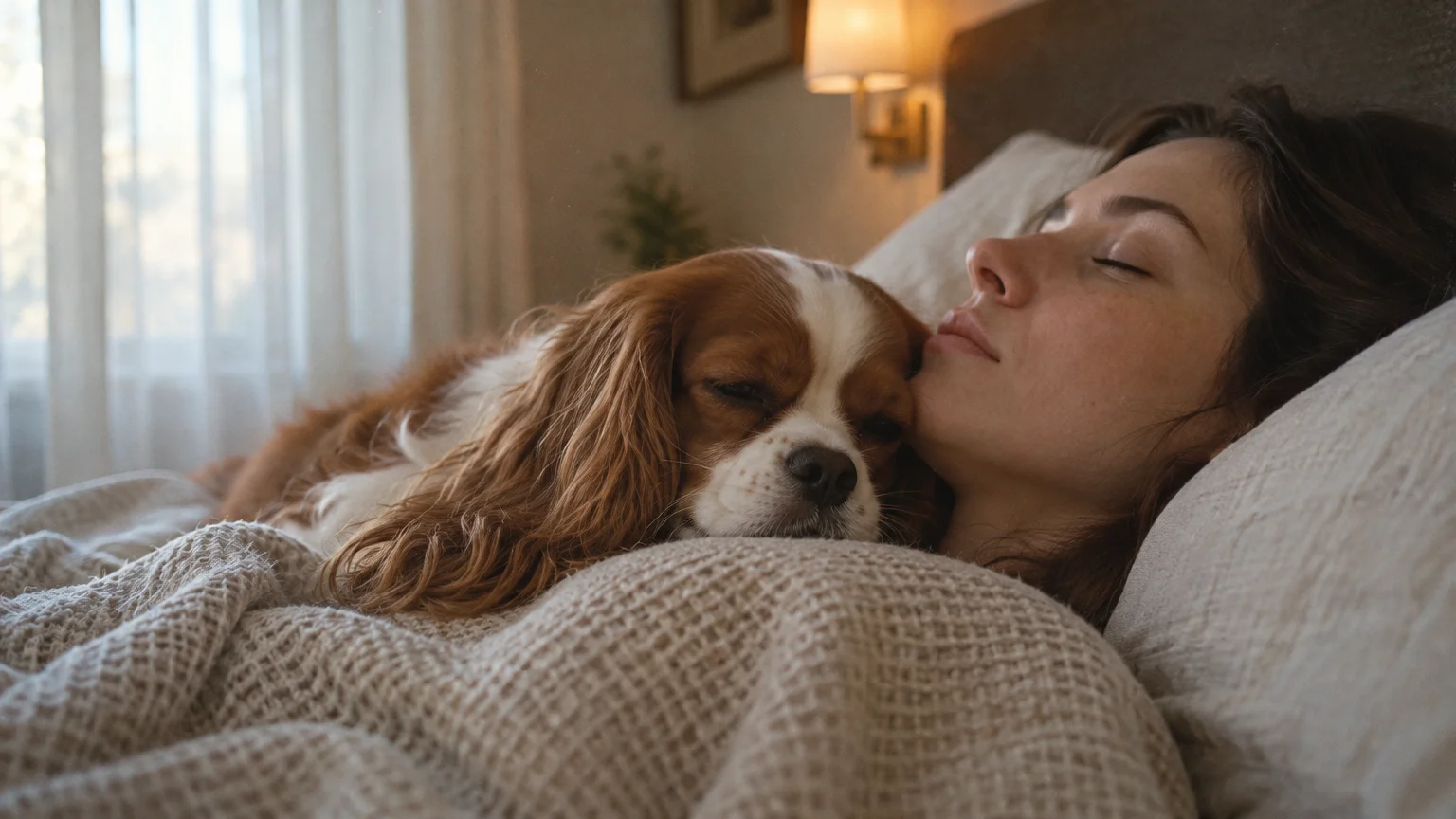 A Cavalier King Charles Spaniel rests its head against a sleeping woman's cheek in bed under a blanket.