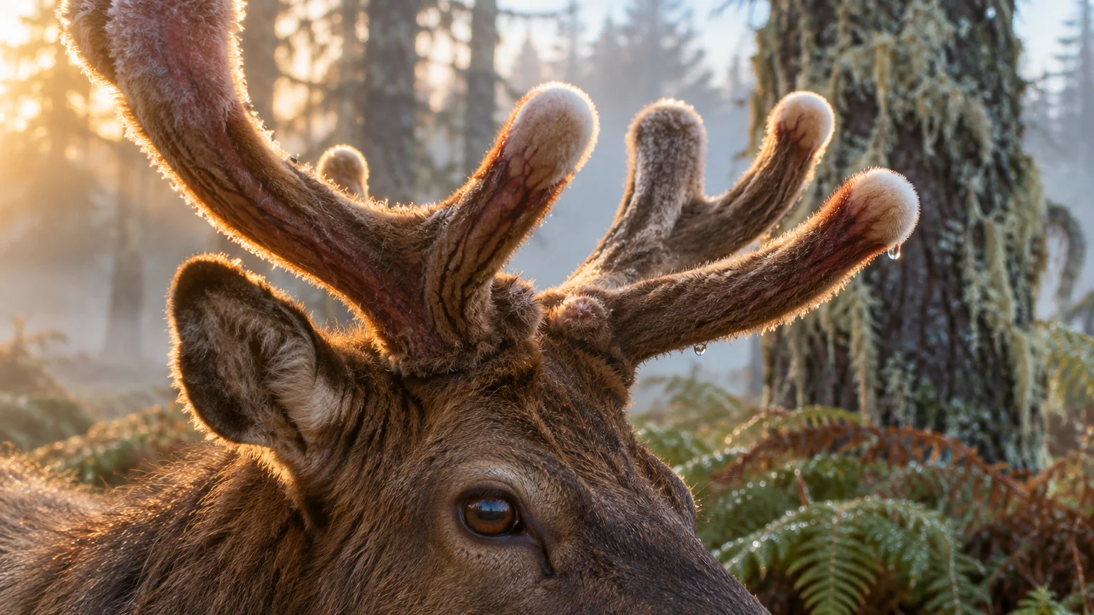 Close-up of a deer head with velvet-covered growing antlers against a misty forest background at sunrise.
