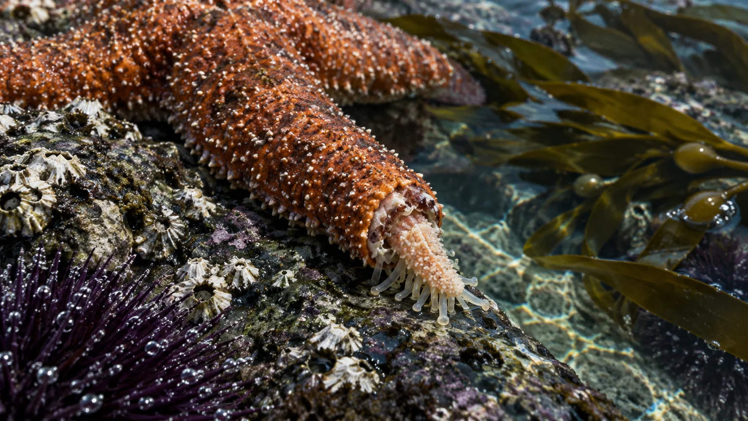 Close-up of an orange starfish regenerating the tip of an arm on a barnacle-covered rock near kelp and a sea urchin.