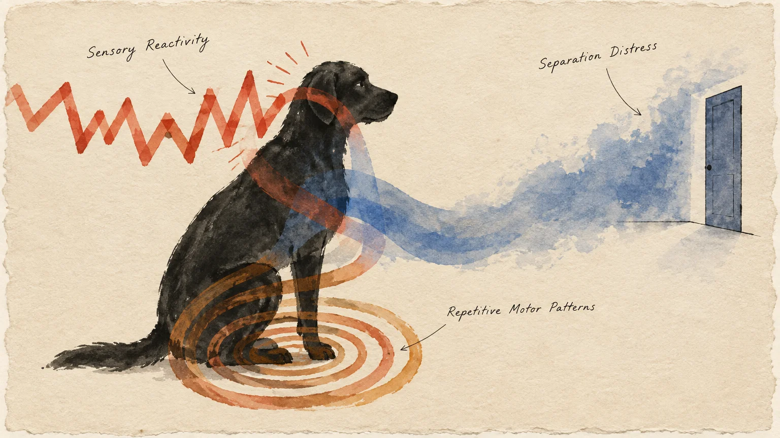 Illustration of a black dog with graphics for sensory reactivity, repetitive motor patterns, and separation distress.