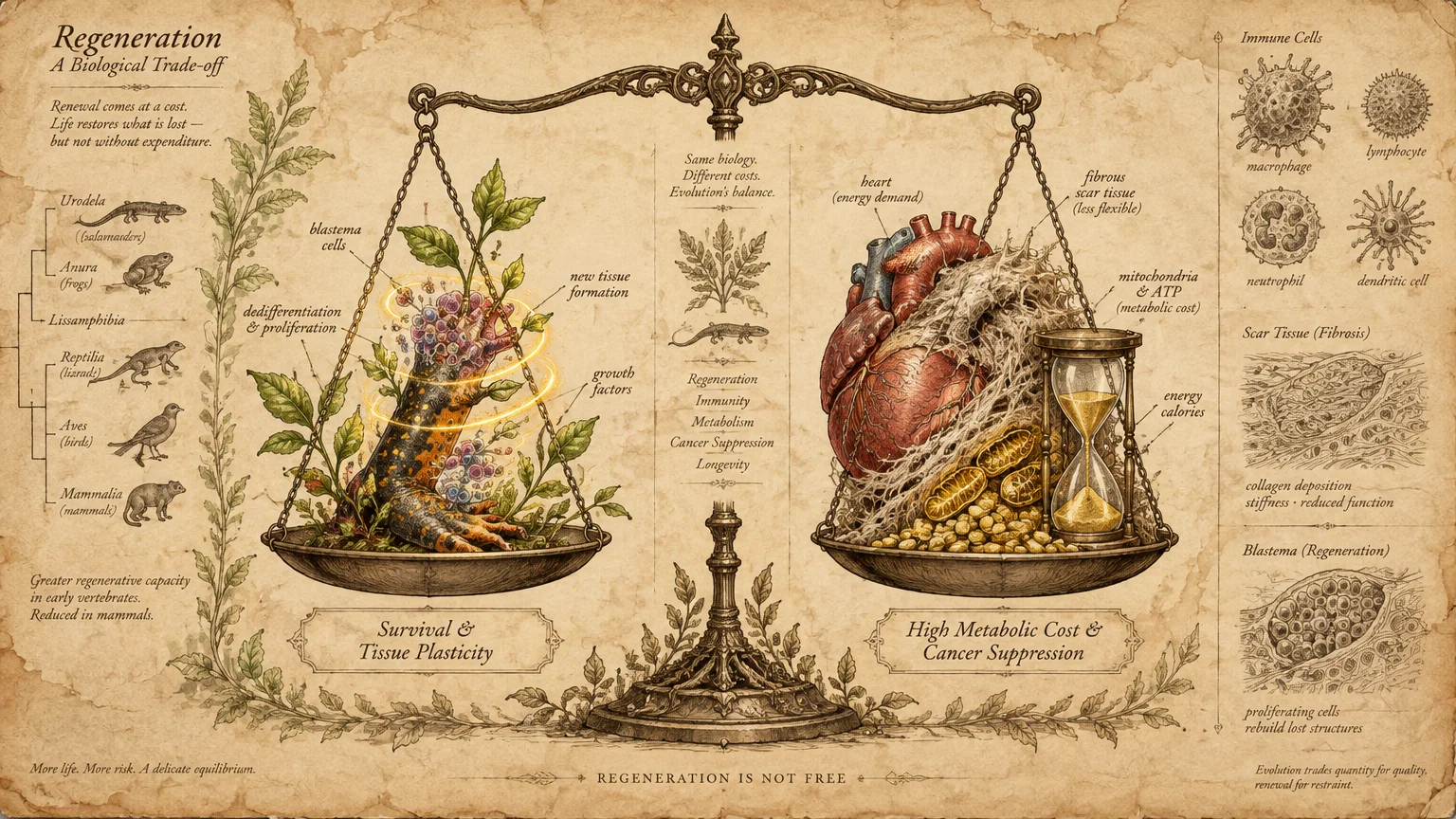 Vintage-style biological balance scale weighing a regenerating amphibian limb against an anatomical heart, hourglass, and scar tissue.