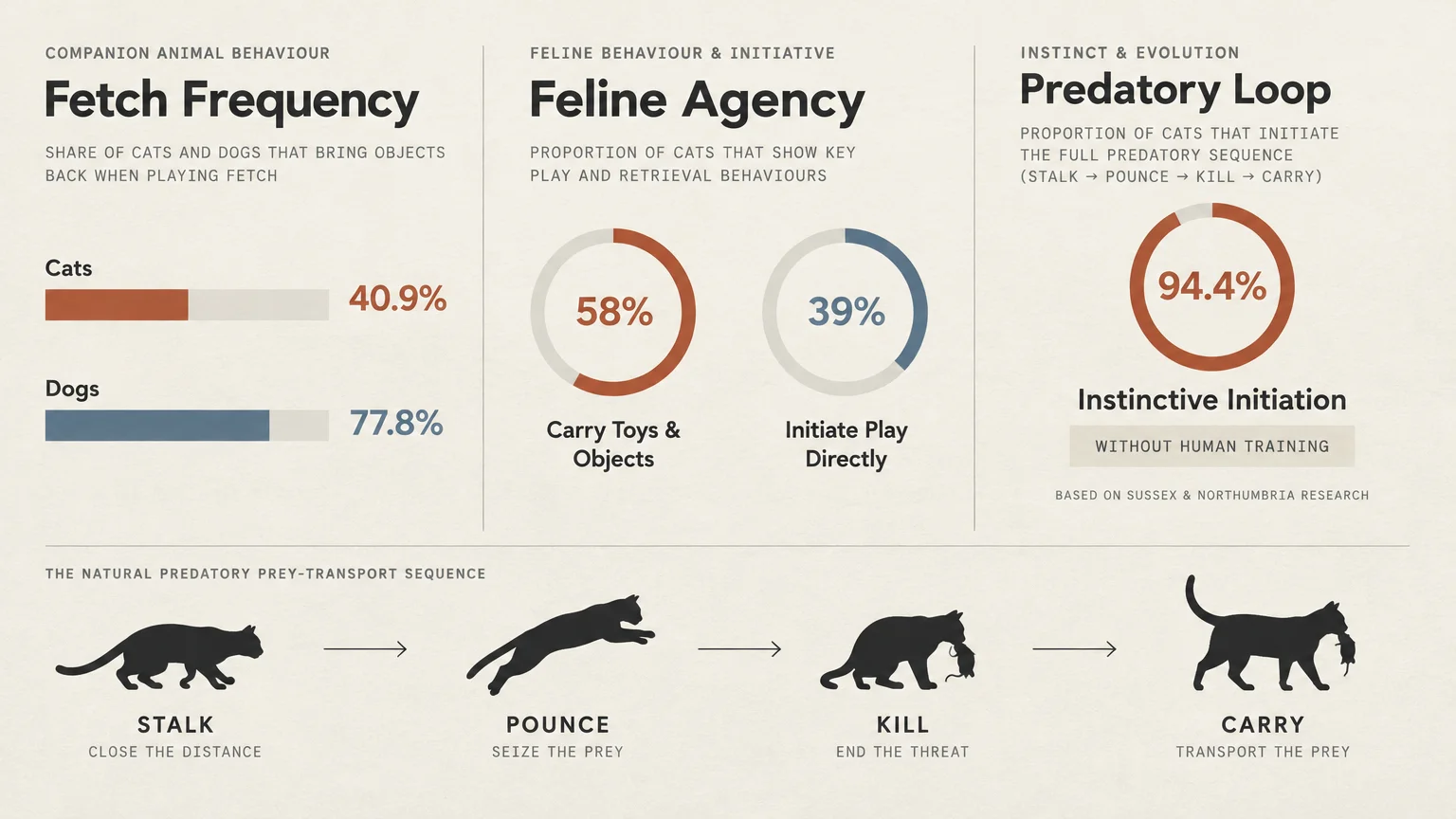 Infographic showing fetch statistics comparing cats to dogs, alongside a four-step predatory sequence: stalk, pounce, kill, carry.