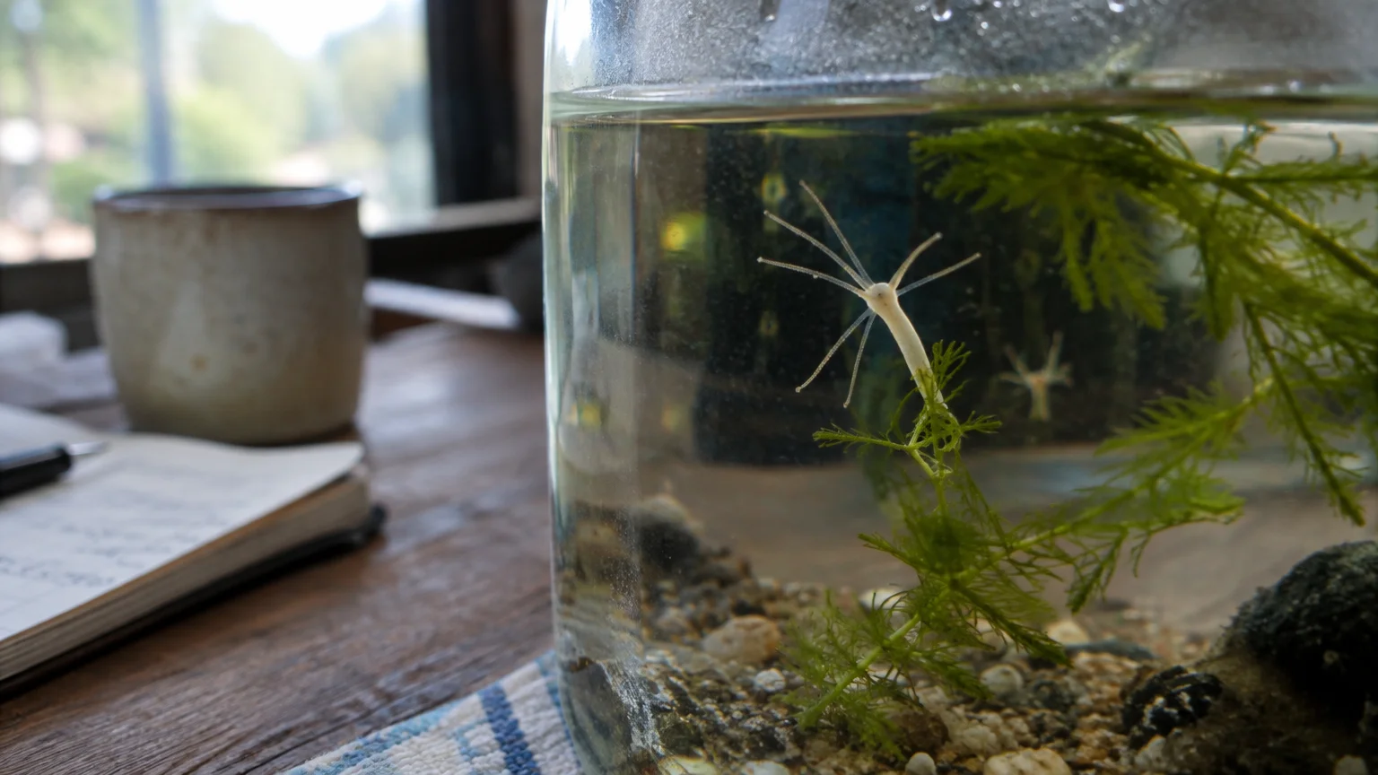 A pale hydra polyp with slender tentacles attached to an aquatic plant inside a glass jar on a wooden desk.