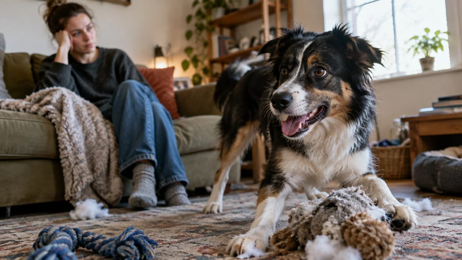 An energetic border collie tears apart a toy on a living room rug while a tired woman rests on the couch behind it.