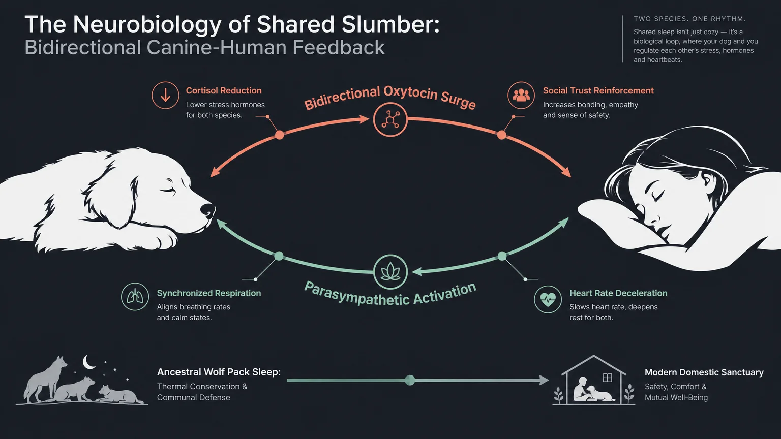 Diagram of canine-human shared slumber feedback loop between a sleeping dog and a sleeping person.