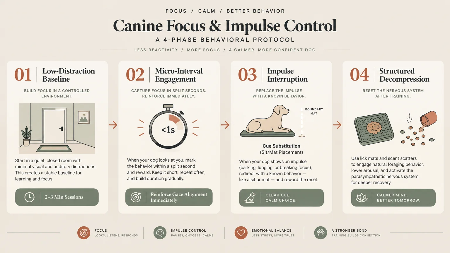 Diagram outlining a four-phase behavioral protocol: low-distraction baseline, micro-interval engagement, impulse interruption, and decompres
