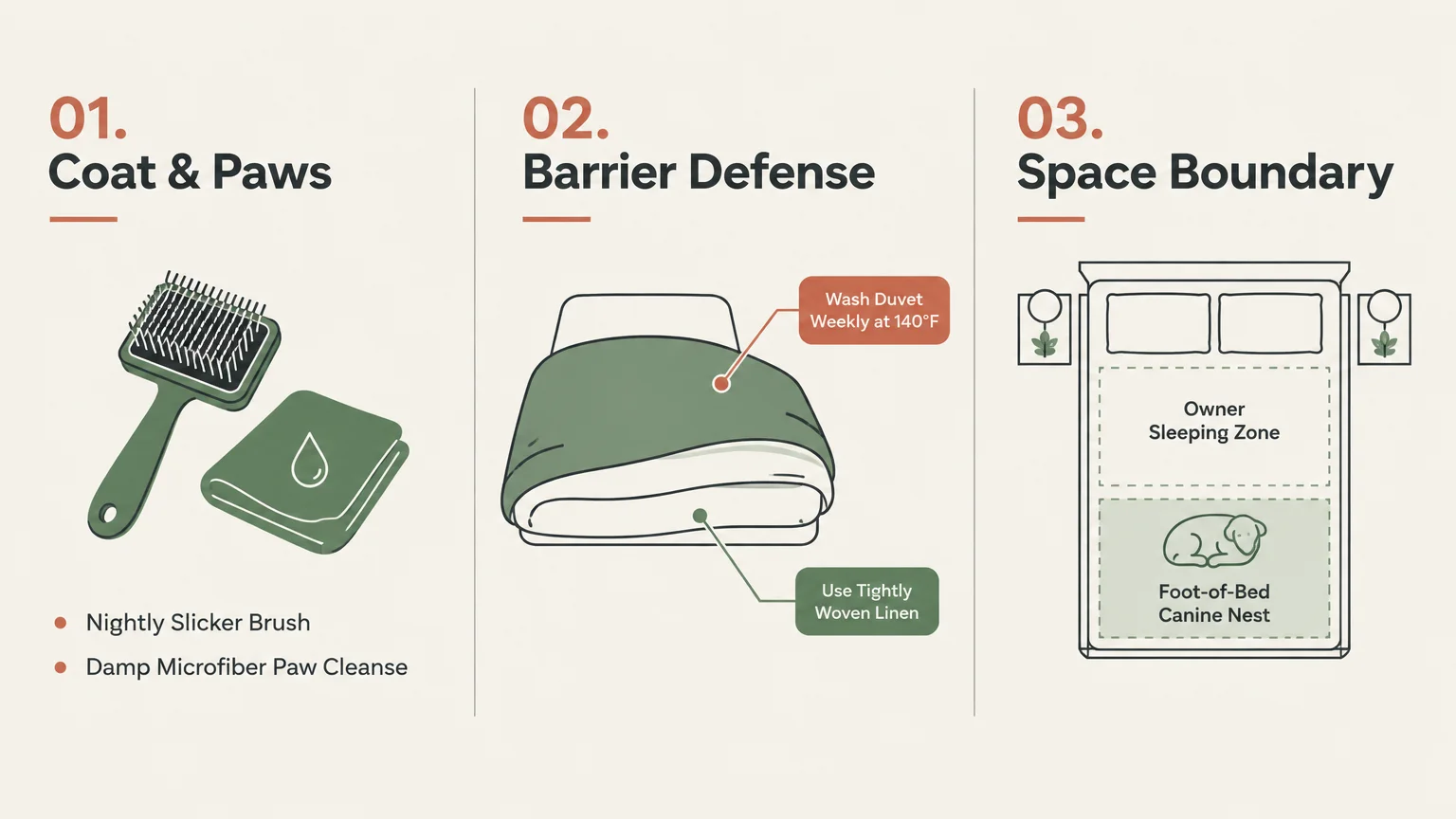 Three-step diagram outlining coat and paw grooming, barrier defense linens, and a dedicated foot-of-bed canine nest.