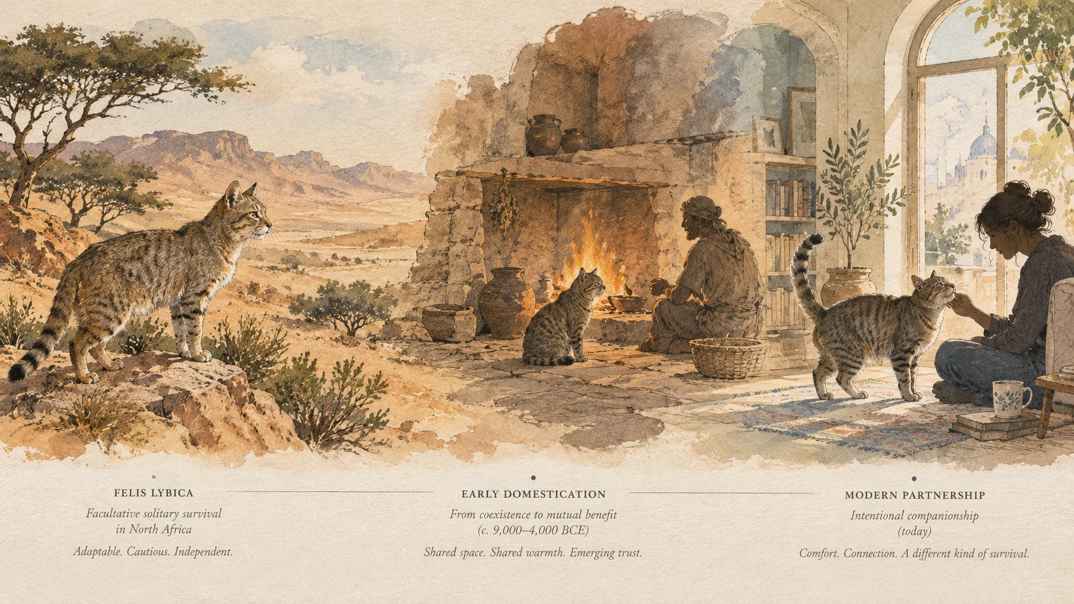 Three-panel watercolor illustration showing a wildcat in a desert, an early domesticated cat by a hearth, and a modern pet cat.