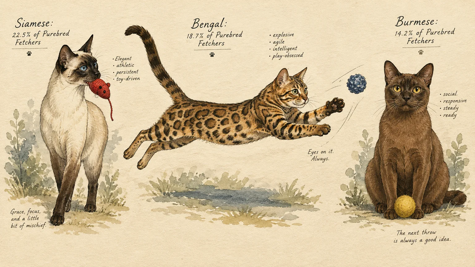 A Siamese cat holding a toy mouse, a leaping Bengal chasing a ball, and a seated Burmese cat with a yellow ball.