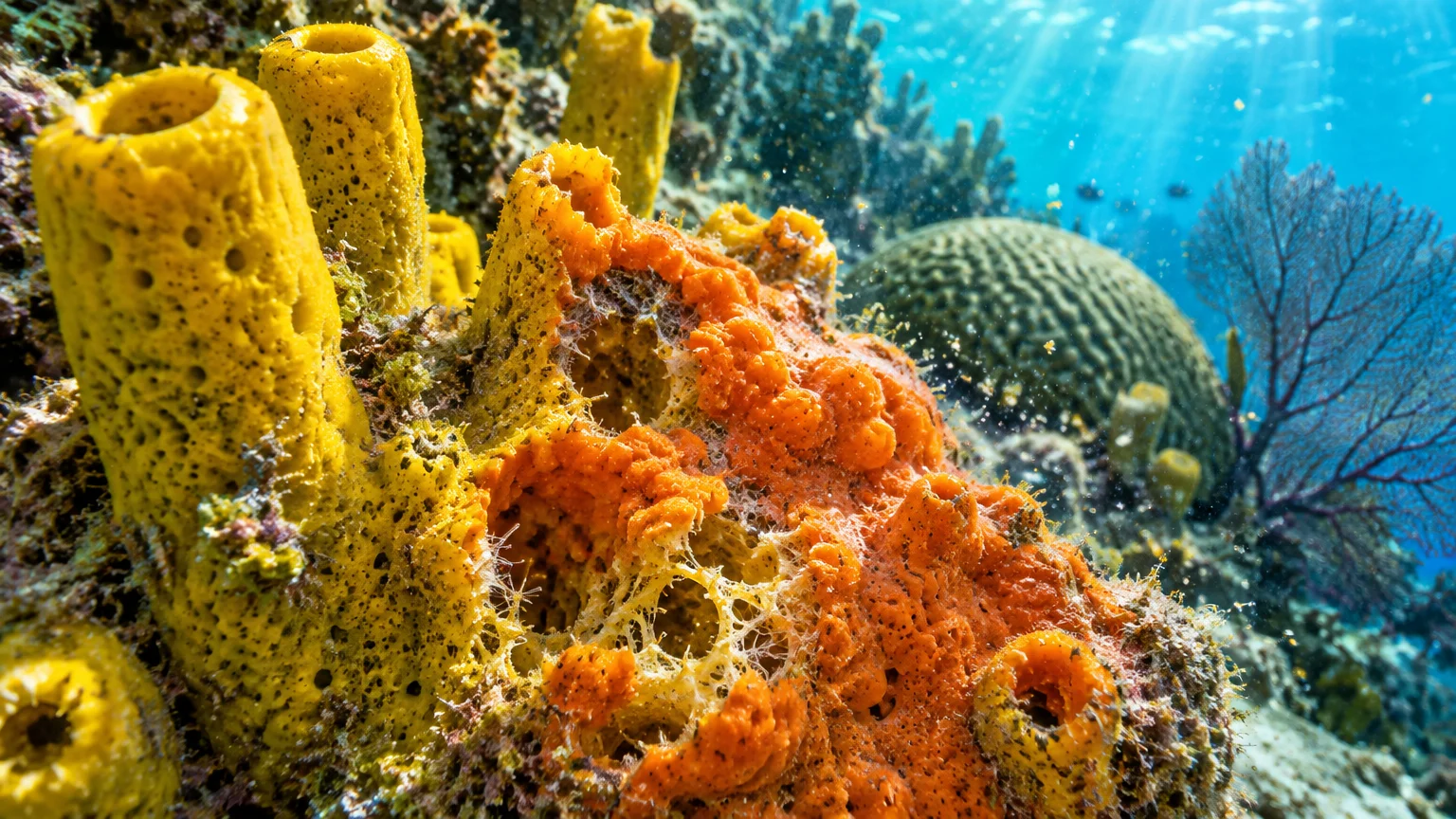 Vibrant yellow and orange tube sponges growing on a coral reef under bright, sunlit blue water.