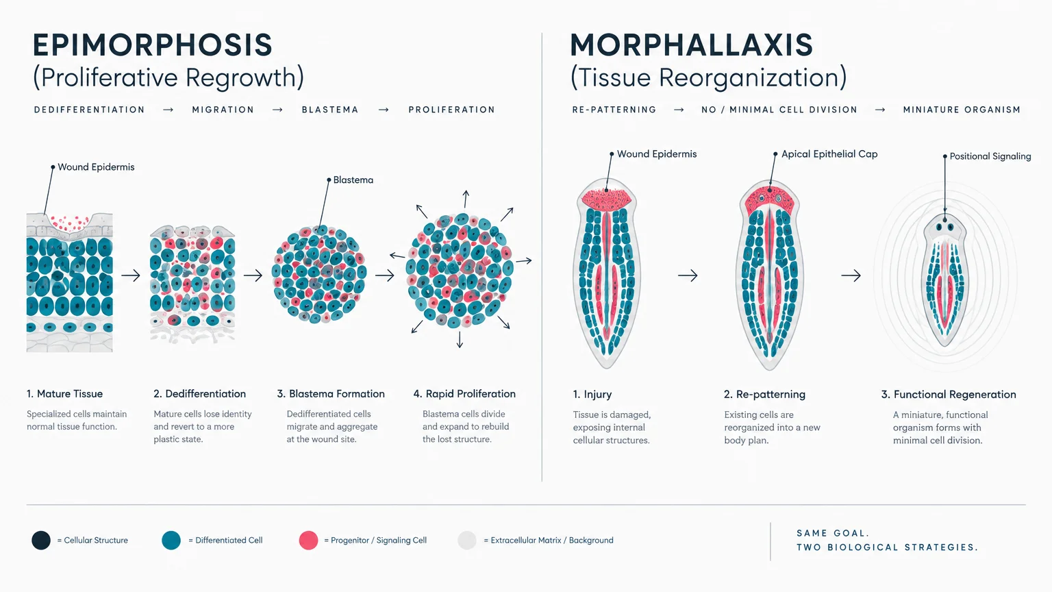 Diagram comparing epimorphosis proliferative regrowth in four steps and morphallaxis tissue reorganization in three steps.