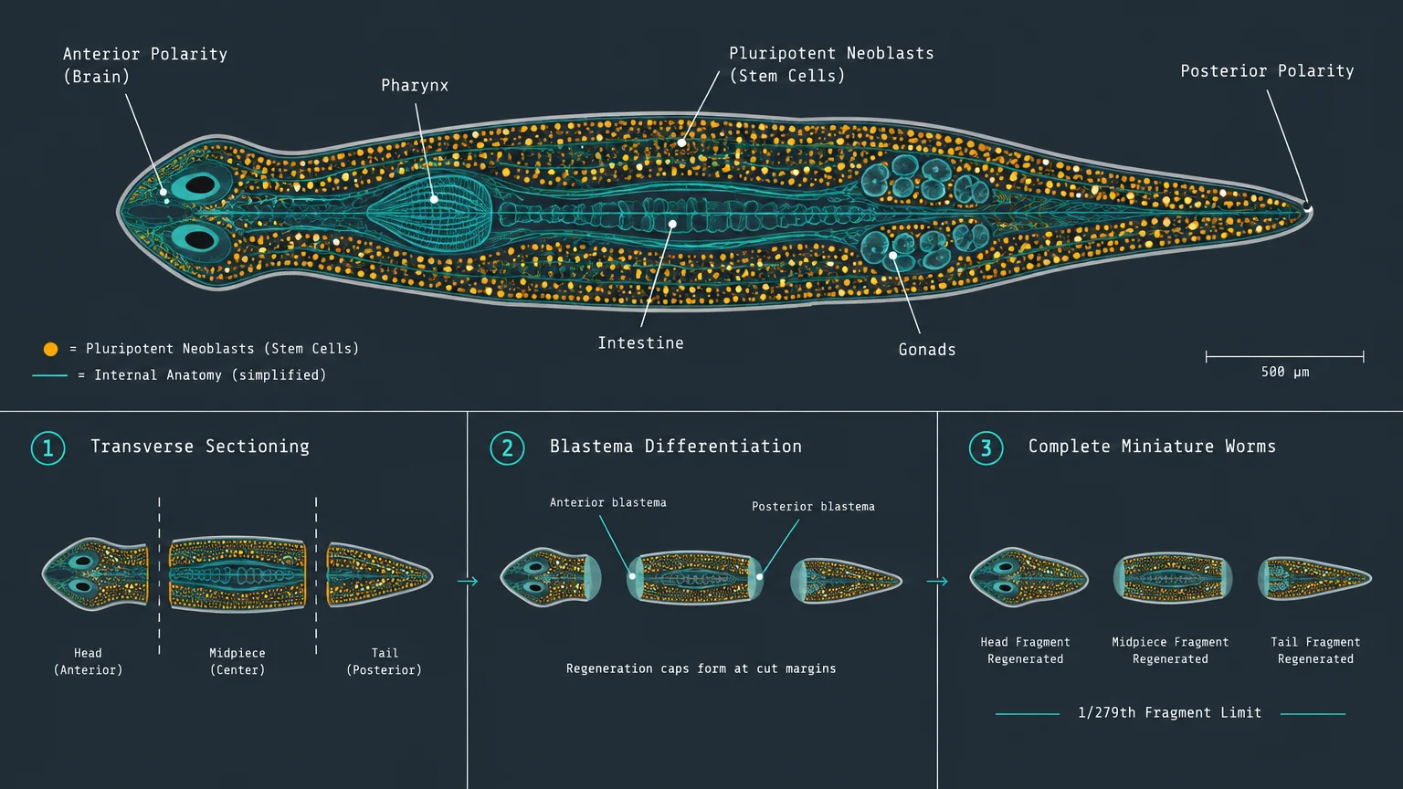 Diagram of planarian anatomy showing neoblast stem cells and a three-step regeneration process from severed fragments.