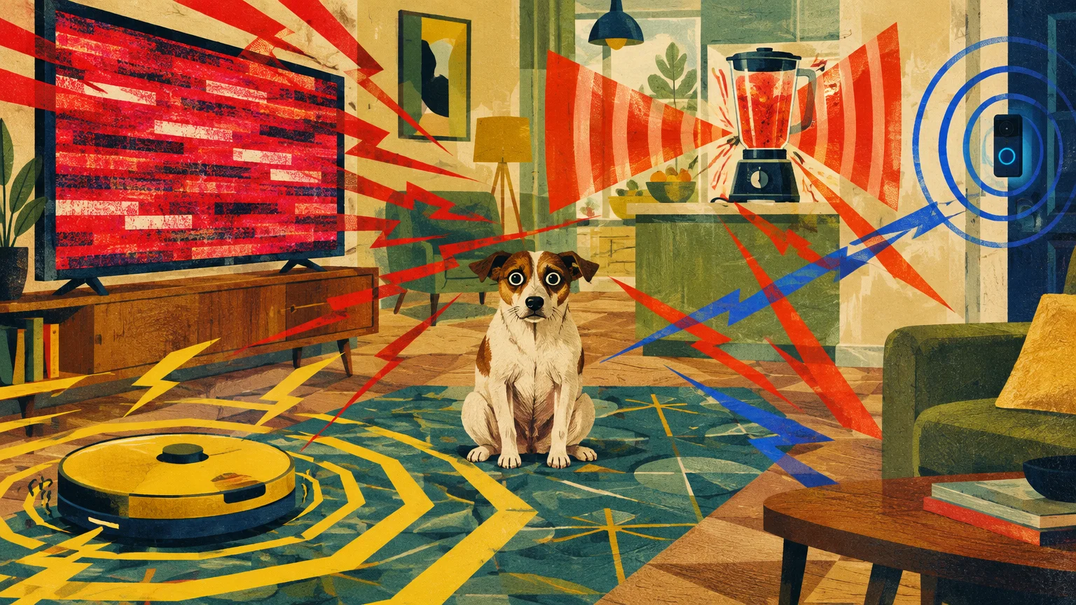 Illustration of a wide-eyed dog surrounded by colorful sound waves and lightning bolts from a TV, blender, and robot vacuum.