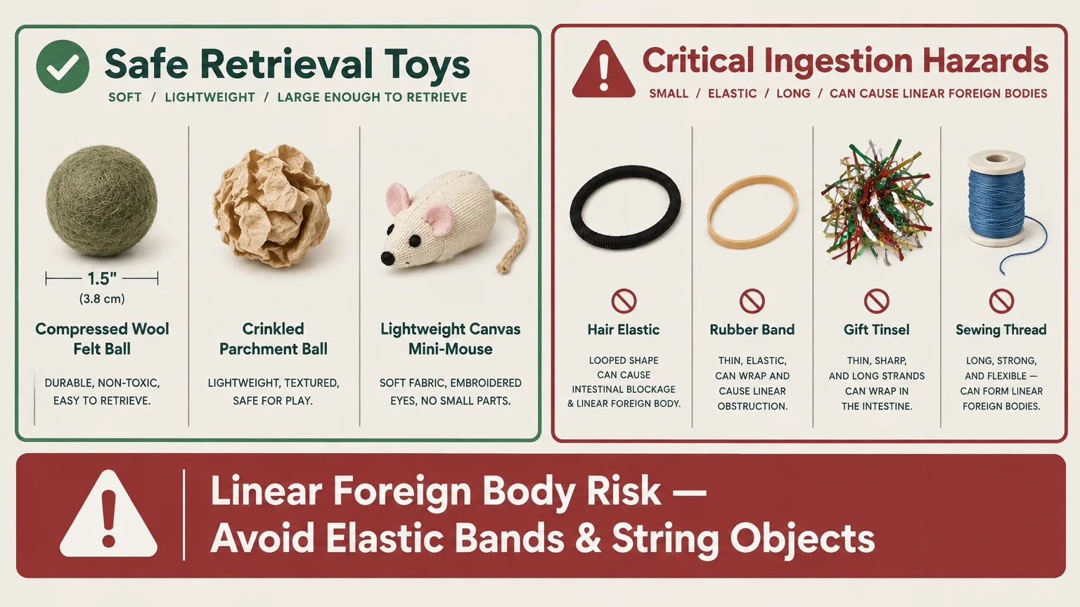 Infographic contrasting safe retrieval toys like wool balls and canvas mice with ingestion hazards like hair elastics and thread.