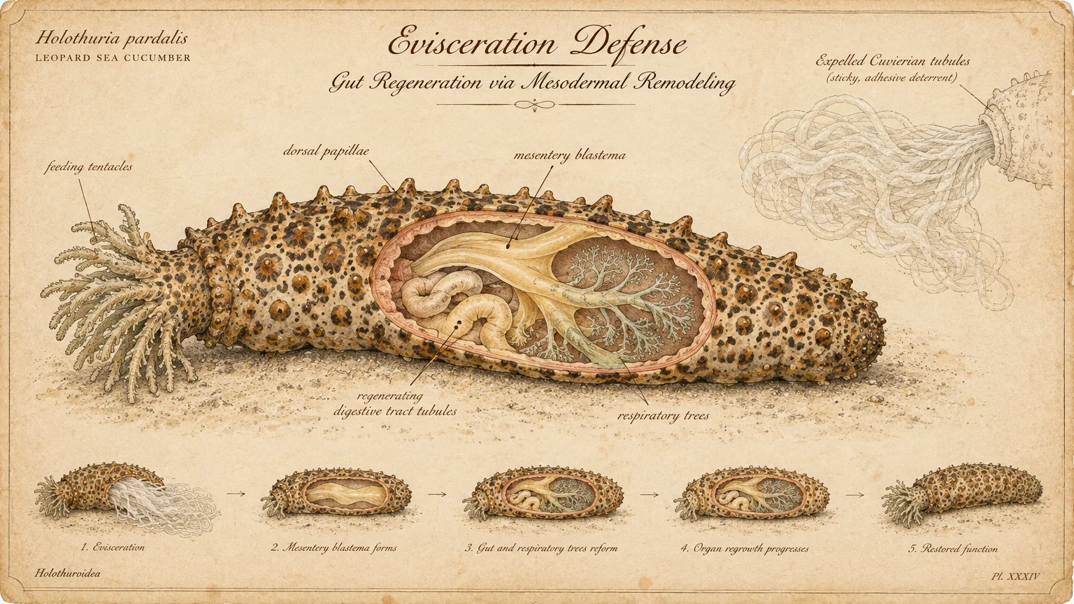 Diagram showing sea cucumber internal anatomy, expelled sticky tubules, and five numbered stages of organ regeneration.
